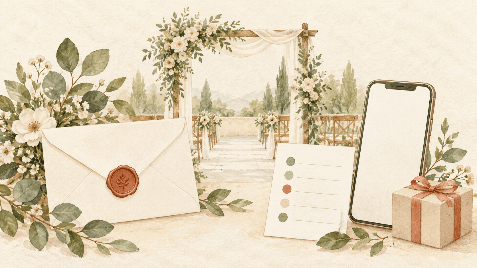 結婚式会場のアーチ、招待状、ゲストリストを描いたイラスト