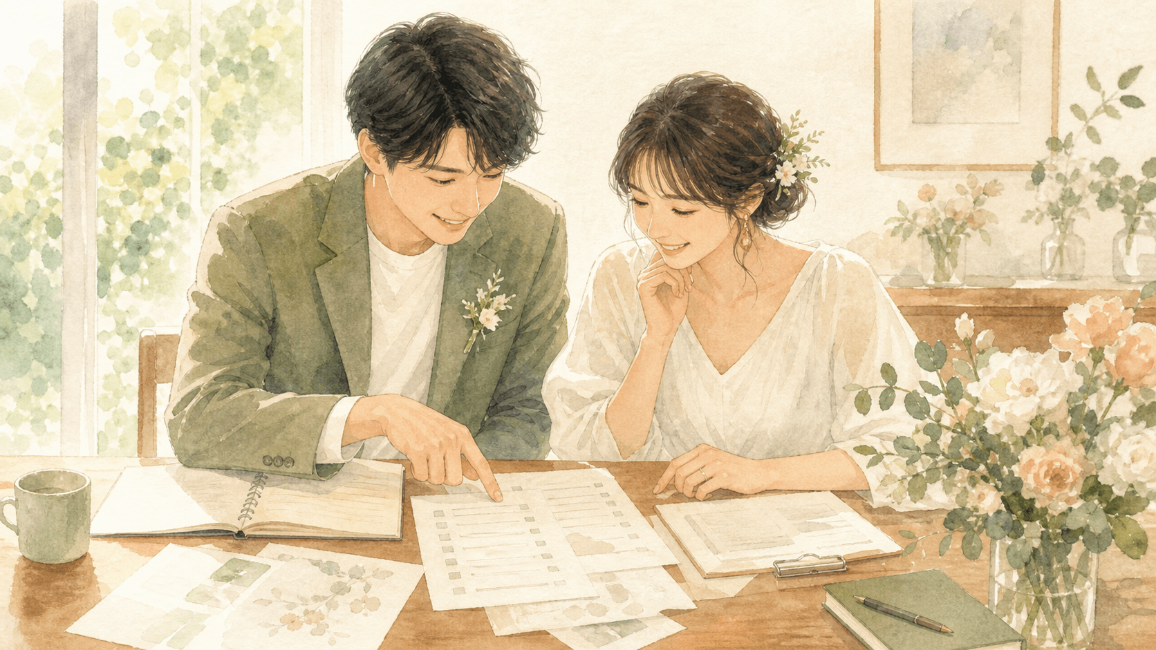 新郎新婦が結婚式準備のタスクを確認しているイラスト