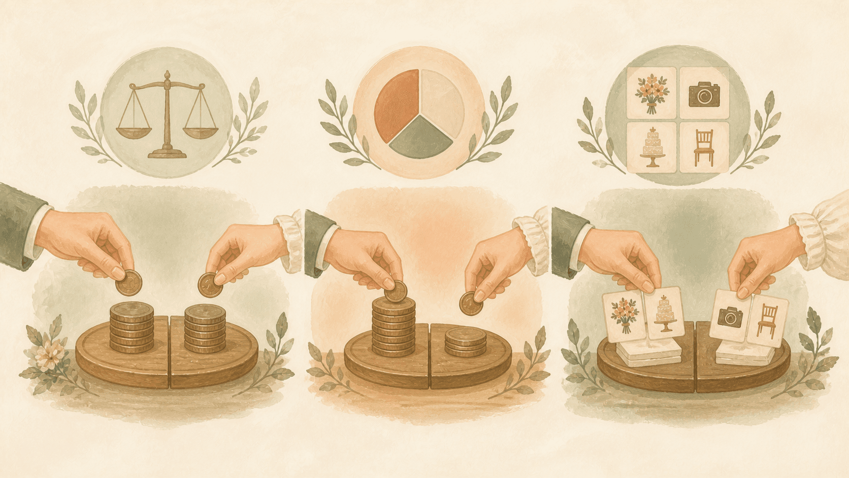 結婚式費用の3つの分担方法を比較するイラスト