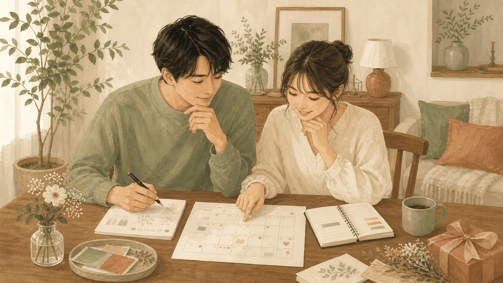 結婚式の準備の優先順位をふたりで確認しているイラスト