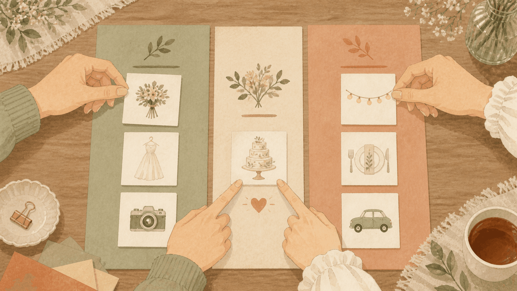 結婚式準備をふたりの担当と共同タスクに分けるイラスト