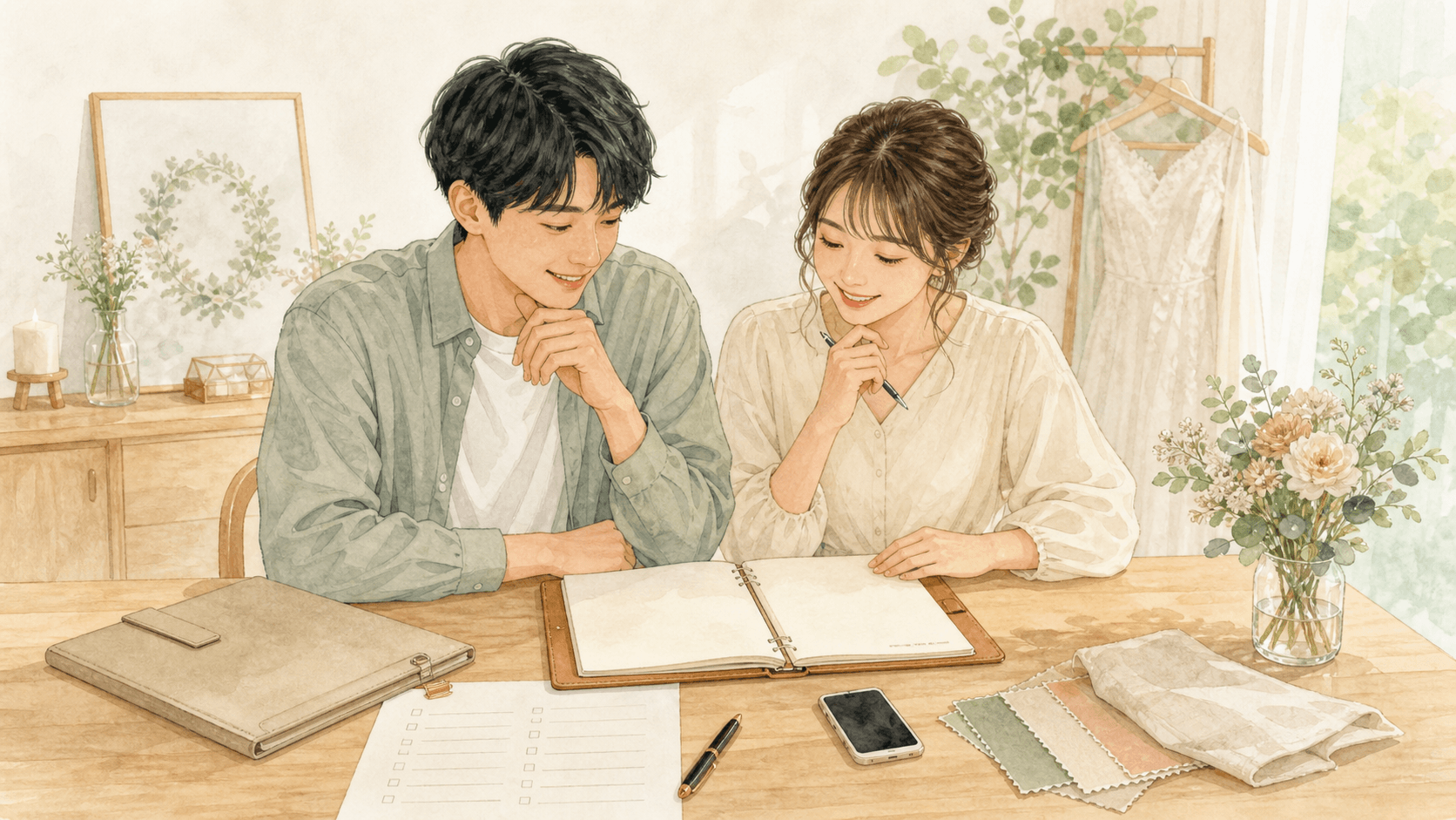 結婚式の式場打ち合わせで資料を確認するふたりのイラスト