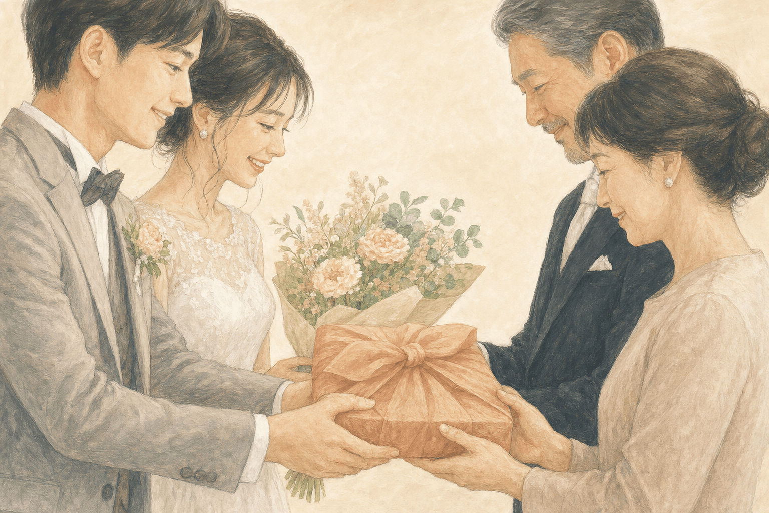 新郎新婦が両親へ記念品と花束を贈るイメージのイラスト