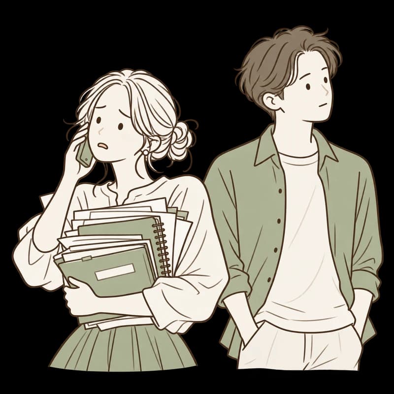 準備の書類を抱えて電話する人と、まだその負担に気づいていないパートナーのイラスト