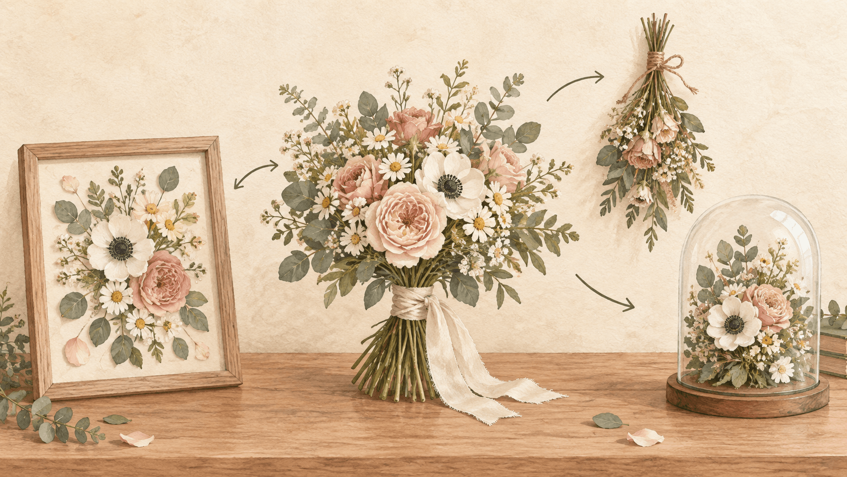 結婚式のブーケから、押し花の額装、自然乾燥した花束、立体的なガラスドームへ分かれるイラスト