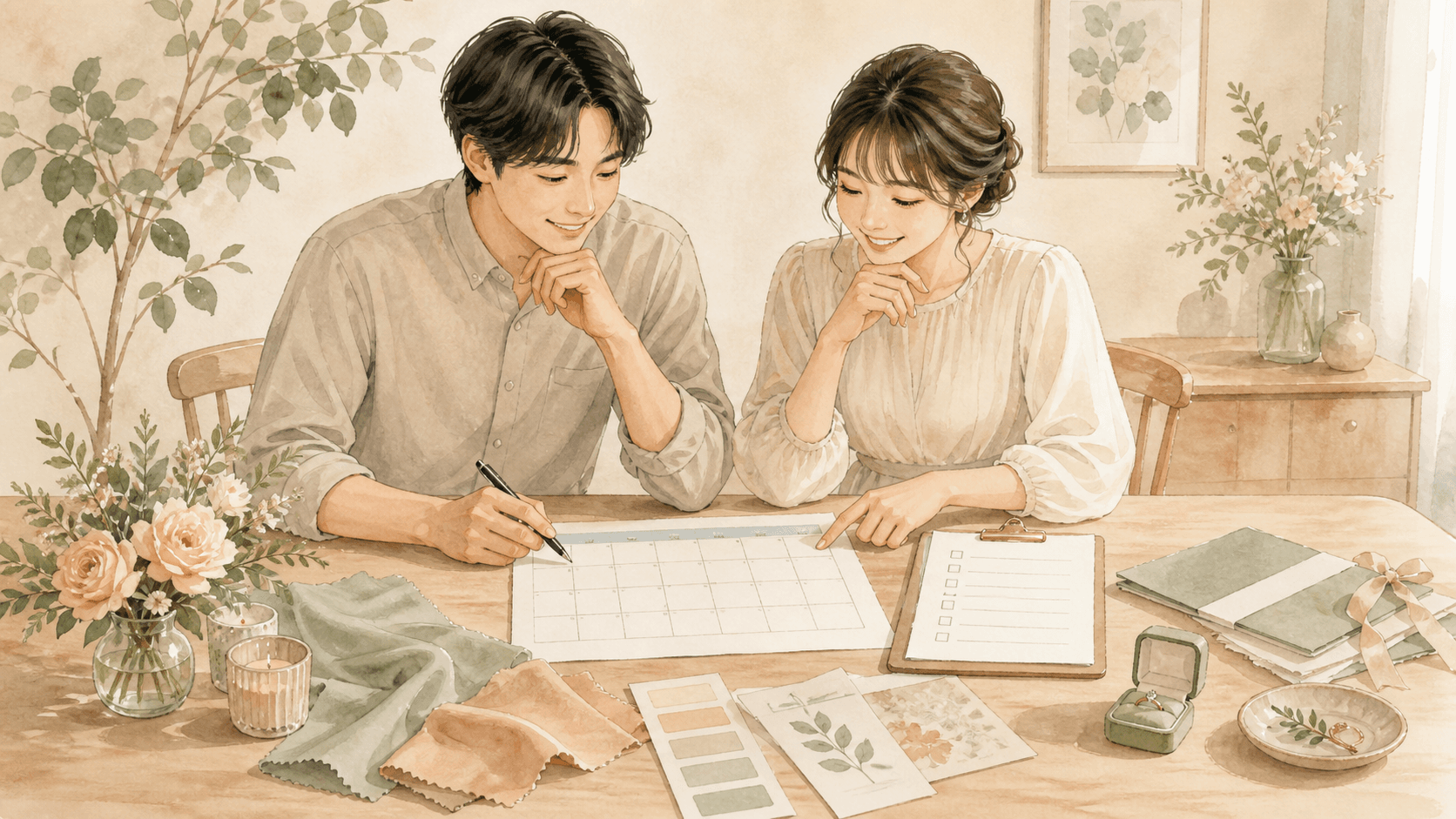 結婚式6か月前の準備をカレンダーで確認するイラスト