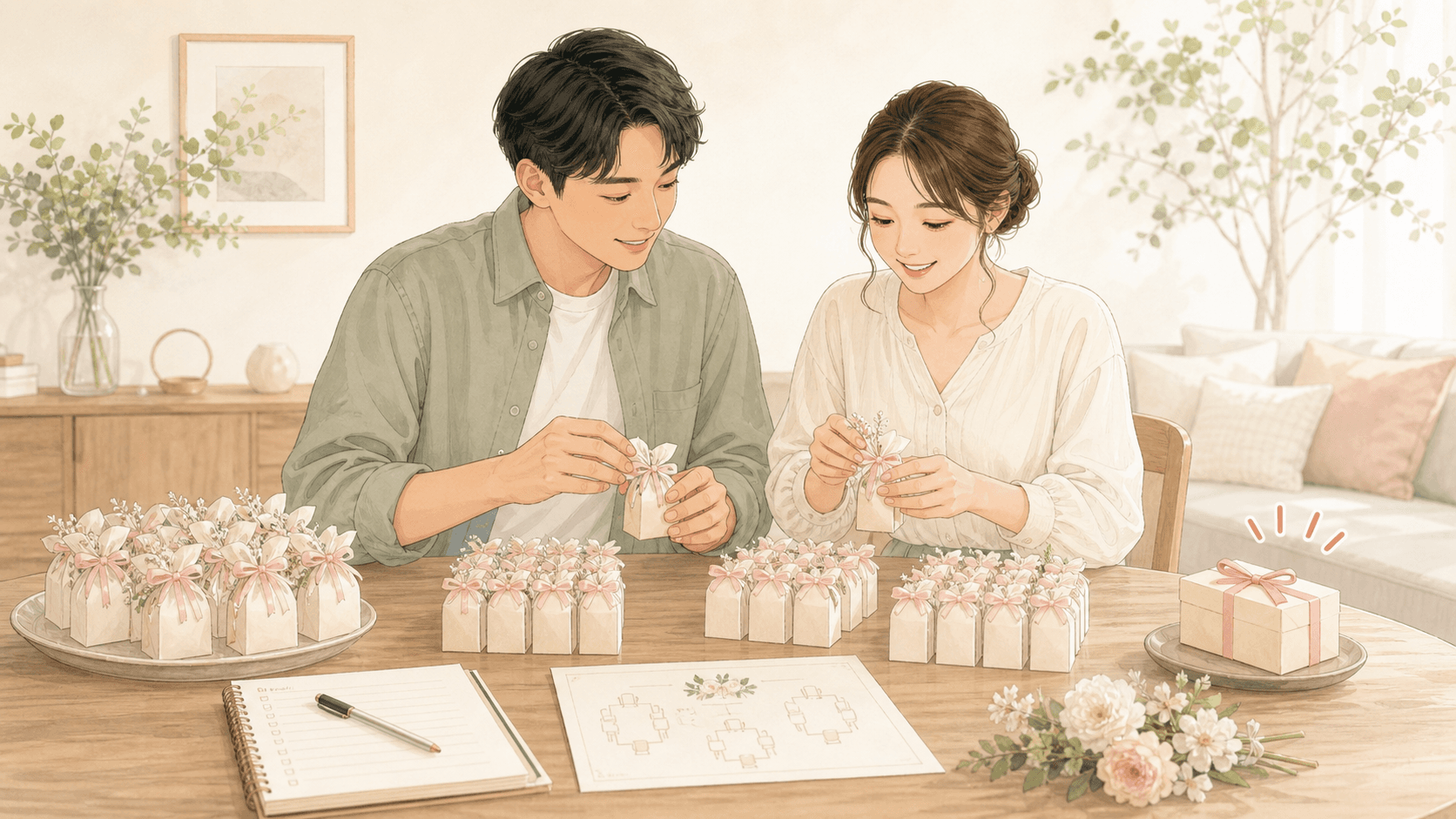 結婚式のプチギフトを数えながら準備するふたりのイラスト
